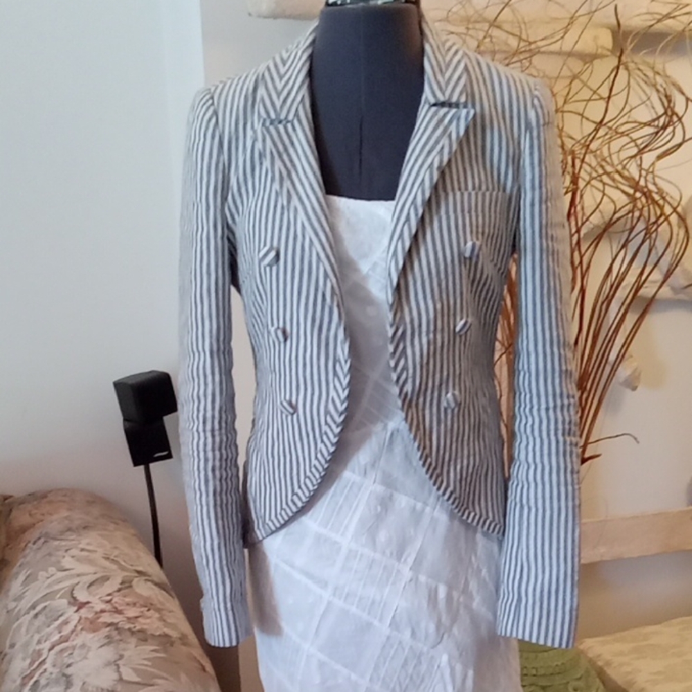 Elizabeth and James Gray & White Striped Double-Breasted Blazer